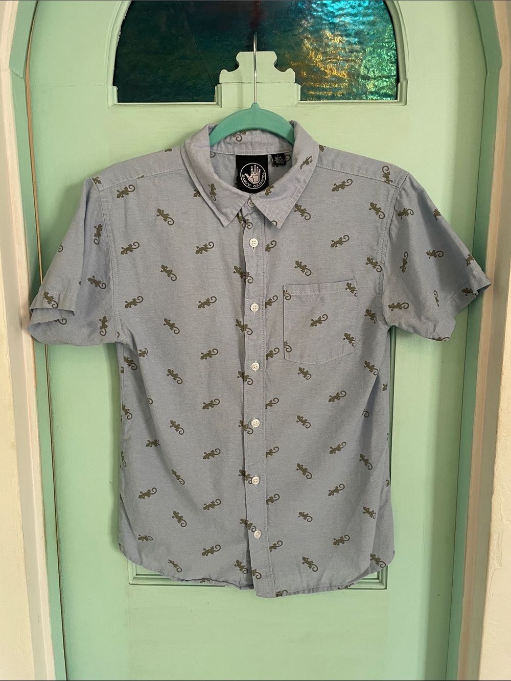 Boys Body Glove Light Blue Short-Sleeve Button-Down with Olive Lizard Print